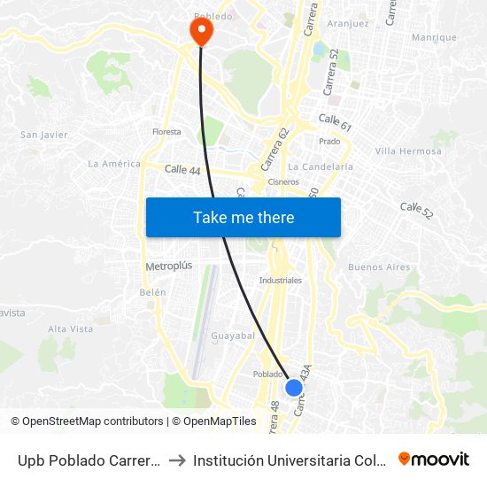 Upb Poblado Carrera 43c, 5119-5197 to Institución Universitaria Colegio Mayor De Antioquia map