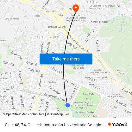 Calle 48, 74, C.C Obelisco to Institución Universitaria Colegio Mayor De Antioquia map