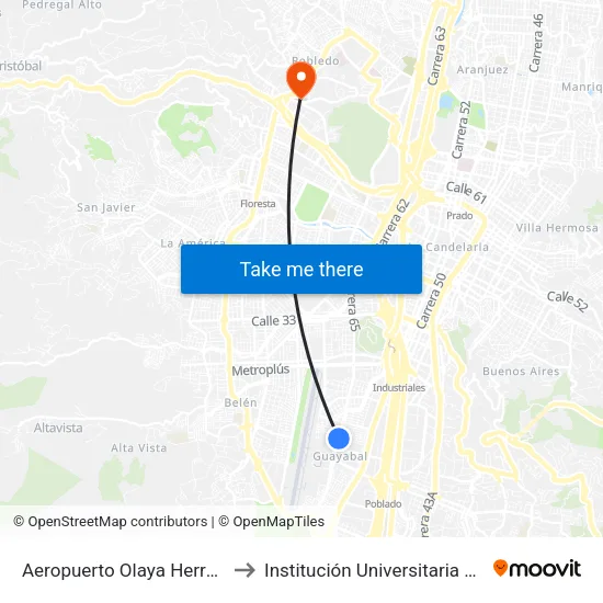 Aeropuerto Olaya Herrera Carrera 65, 141-14215 to Institución Universitaria Colegio Mayor De Antioquia map