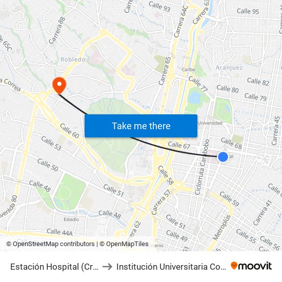 Estación Hospital (Cr 51 - Cl 65, Medellín) to Institución Universitaria Colegio Mayor De Antioquia map