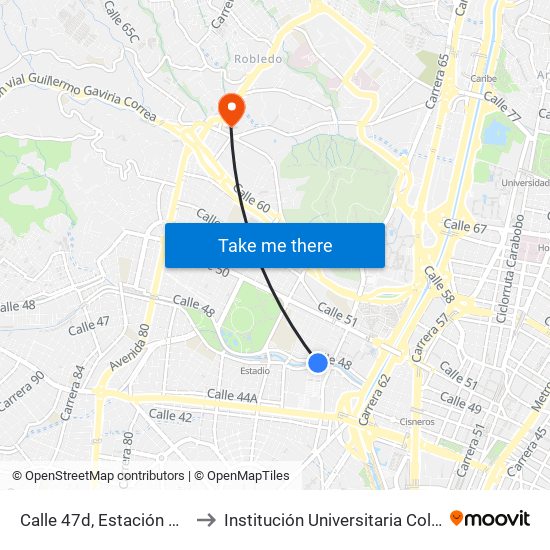 Calle 47d, Estación Suramericana Buses to Institución Universitaria Colegio Mayor De Antioquia map