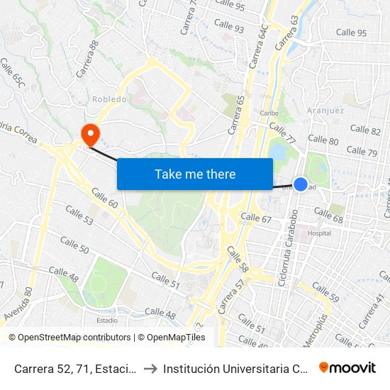 Carrera 52, 71, Estación Universidad Buses to Institución Universitaria Colegio Mayor De Antioquia map