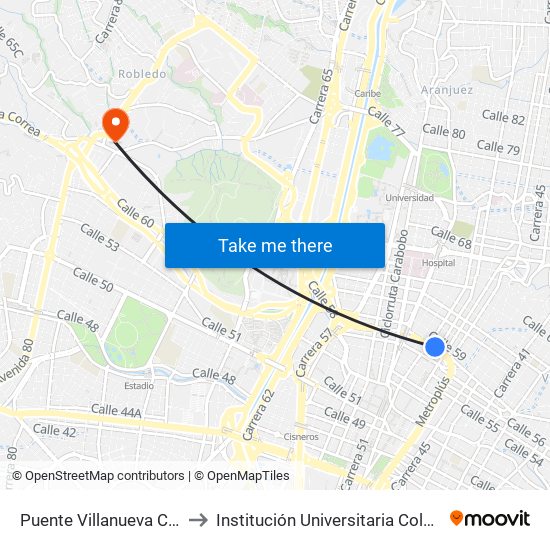 Puente Villanueva Calle 58, 492-4948 to Institución Universitaria Colegio Mayor De Antioquia map