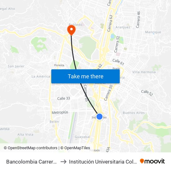Bancolombia Carrera 48, 26201-26353 to Institución Universitaria Colegio Mayor De Antioquia map