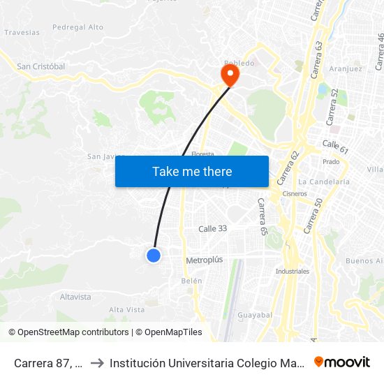 Carrera 87, 30a-10 to Institución Universitaria Colegio Mayor De Antioquia map