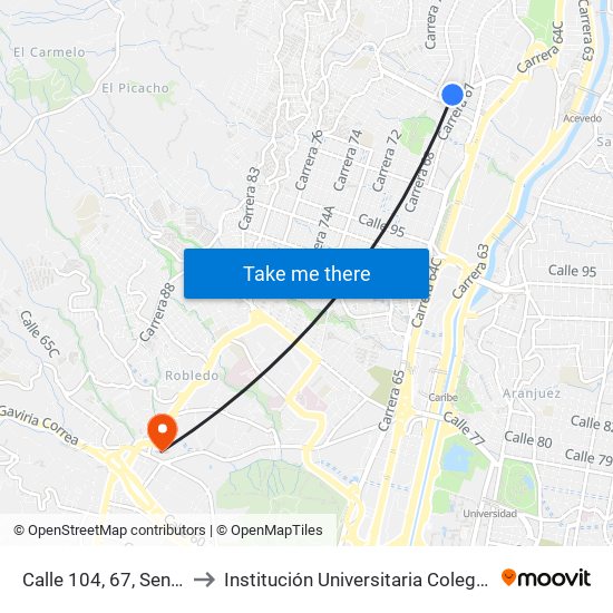 Calle 104, 67, Sena De Pedregal to Institución Universitaria Colegio Mayor De Antioquia map