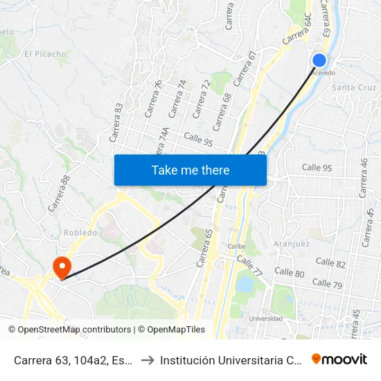 Carrera 63, 104a2, Estación Acevedo Buses to Institución Universitaria Colegio Mayor De Antioquia map
