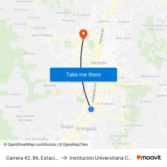 Carrera 42, 86, Estación Aguacatala Buses to Institución Universitaria Colegio Mayor De Antioquia map