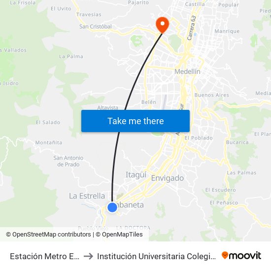 Estación Metro Estrella Buses to Institución Universitaria Colegio Mayor De Antioquia map