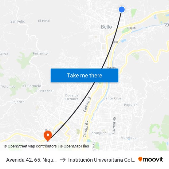 Avenida 42, 65, Niquía, Casa De Justicia to Institución Universitaria Colegio Mayor De Antioquia map