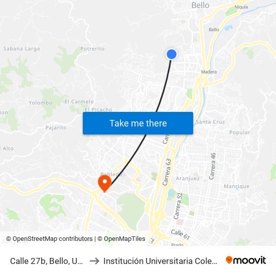 Calle 27b, Bello, Urb Porto Alegre to Institución Universitaria Colegio Mayor De Antioquia map