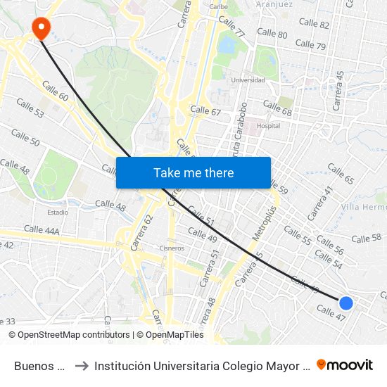 Buenos Aires to Institución Universitaria Colegio Mayor De Antioquia map