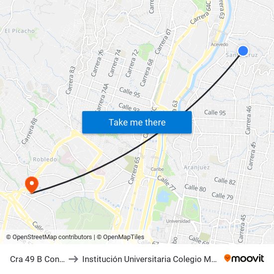 Cra 49 B Con Cll 106 to Institución Universitaria Colegio Mayor De Antioquia map