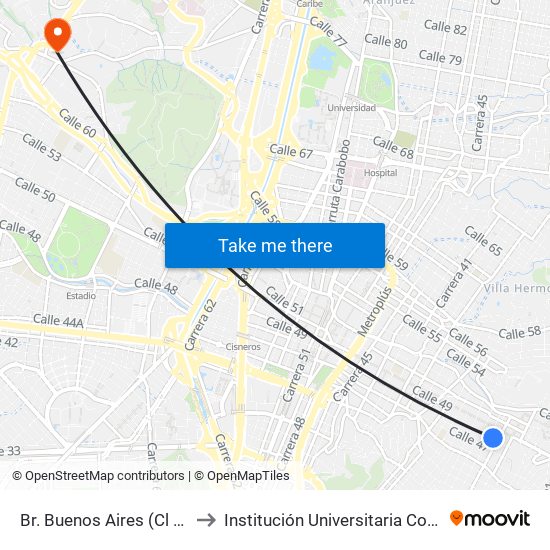 Br. Buenos Aires (Cl 48 - Cr 30, Medellín) to Institución Universitaria Colegio Mayor De Antioquia map