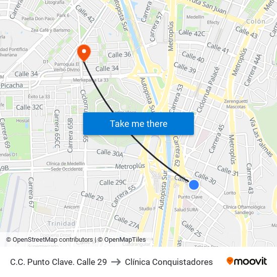 C.C. Punto Clave. Calle 29 to Clínica Conquistadores map