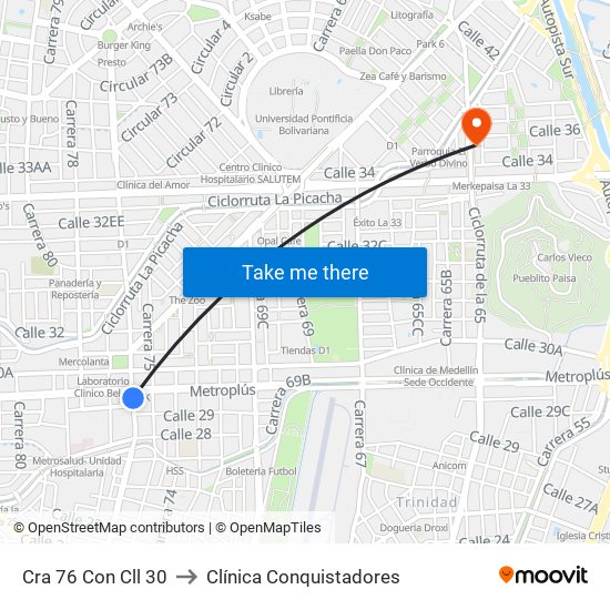 Cra 76 Con Cll 30 to Clínica Conquistadores map