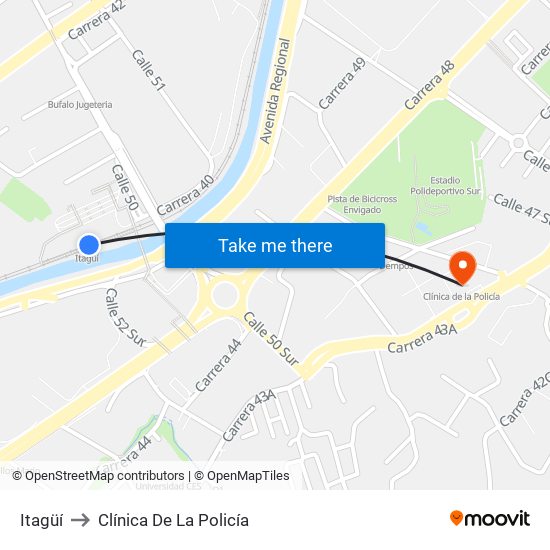 Itagüí to Clínica De La Policía map