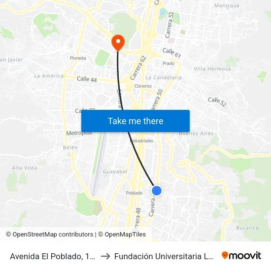 Avenida El Poblado, 102-1074 to Fundación Universitaria Luis Amigó map