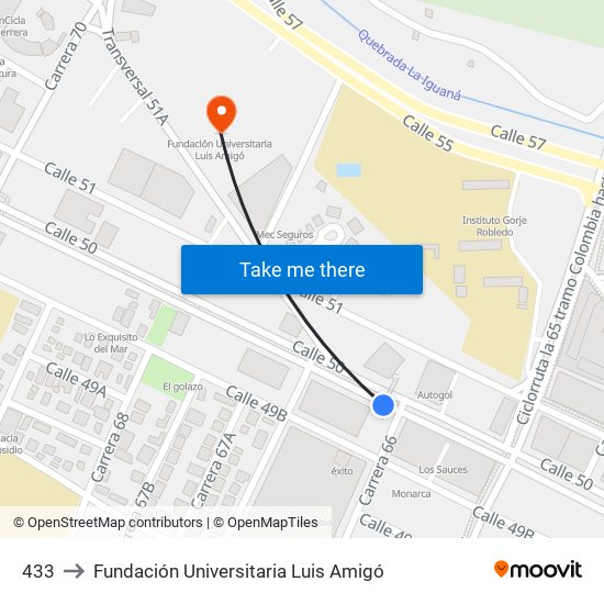 433 to Fundación Universitaria Luis Amigó map