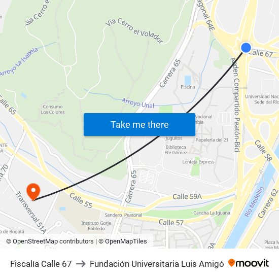 Fiscalía Calle 67 to Fundación Universitaria Luis Amigó map