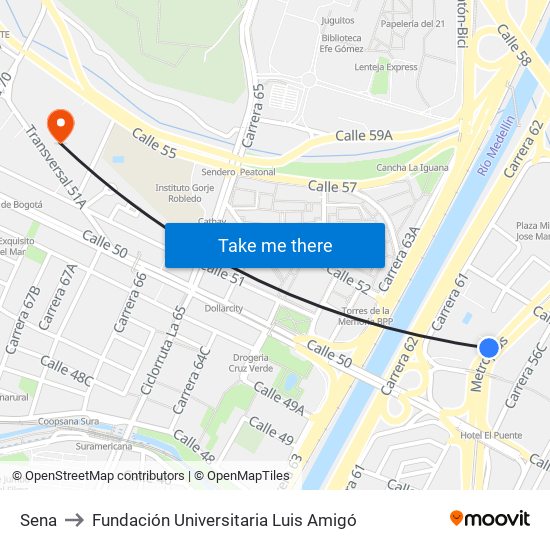 Sena to Fundación Universitaria Luis Amigó map