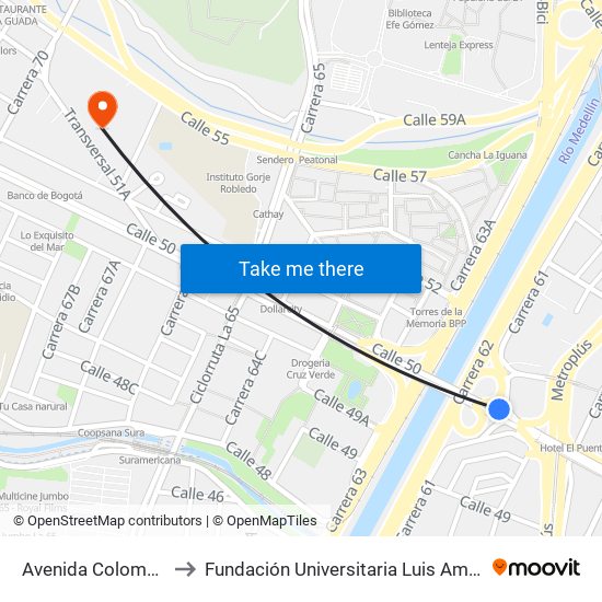 Avenida Colombia to Fundación Universitaria Luis Amigó map