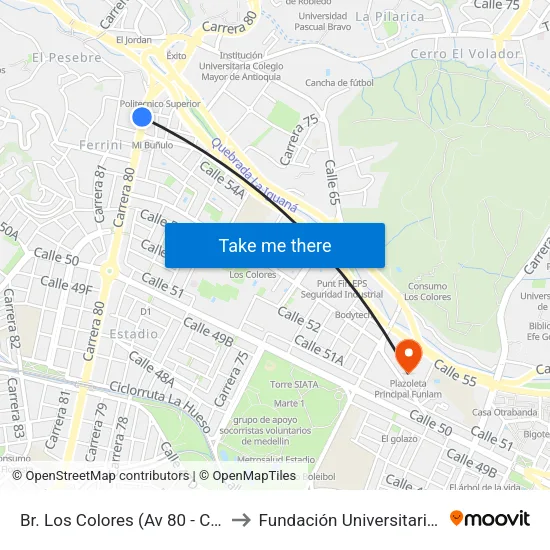 Br. Los Colores (Av 80 - Cl 55, Medellín) to Fundación Universitaria Luis Amigó map