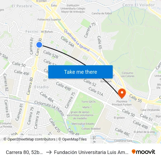 Carrera 80, 52b95 to Fundación Universitaria Luis Amigó map