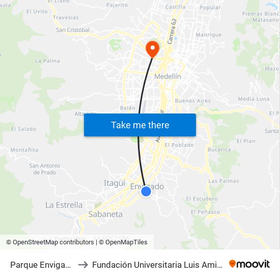 Parque Envigado to Fundación Universitaria Luis Amigó map