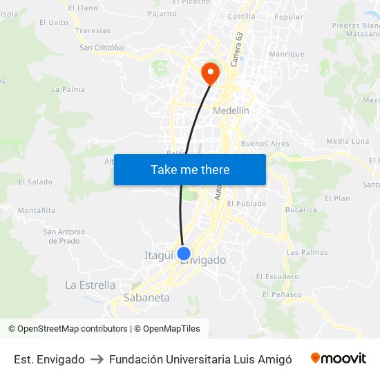 Est. Envigado to Fundación Universitaria Luis Amigó map