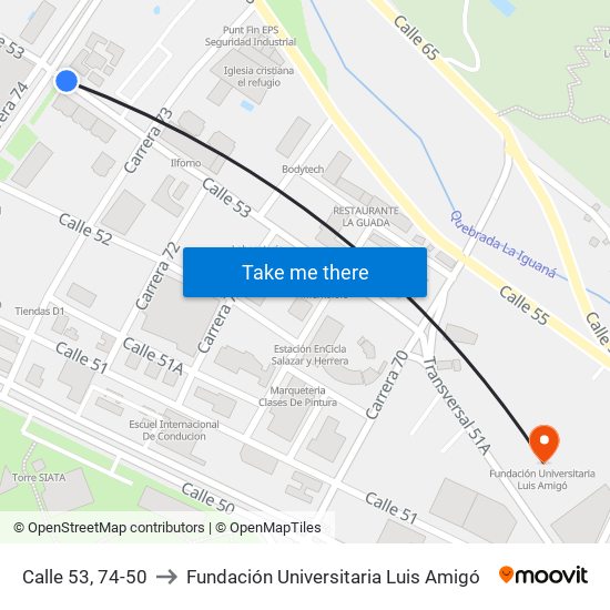 Calle 53, 74-50 to Fundación Universitaria Luis Amigó map