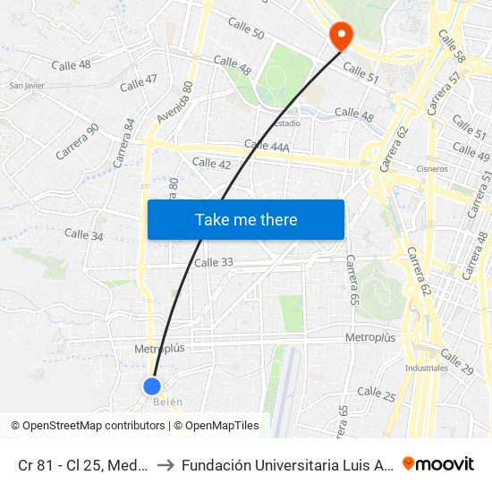 Cr 81 - Cl 25, Medellín to Fundación Universitaria Luis Amigó map