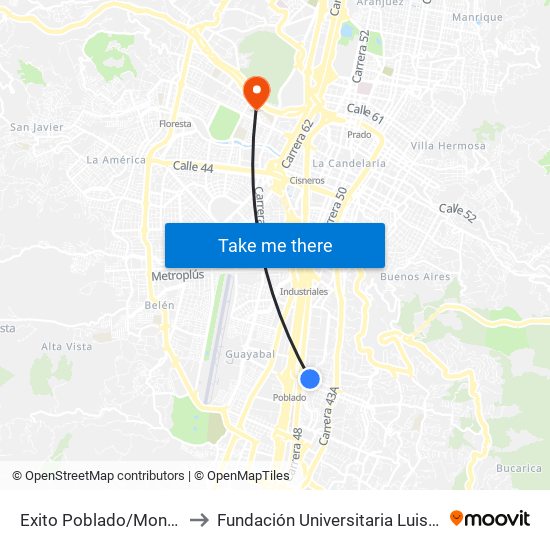 Exito Poblado/Monterrey to Fundación Universitaria Luis Amigó map