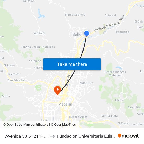 Avenida 38 51211-51239 to Fundación Universitaria Luis Amigó map