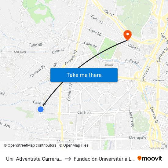 Uni. Adventista Carrera 84, 3337 to Fundación Universitaria Luis Amigó map