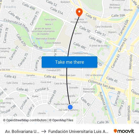 Av. Bolivariana Upb to Fundación Universitaria Luis Amigó map