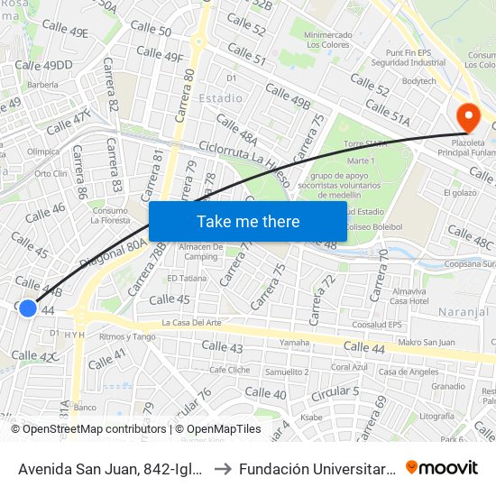 Avenida San Juan, 842-Iglesia La America to Fundación Universitaria Luis Amigó map