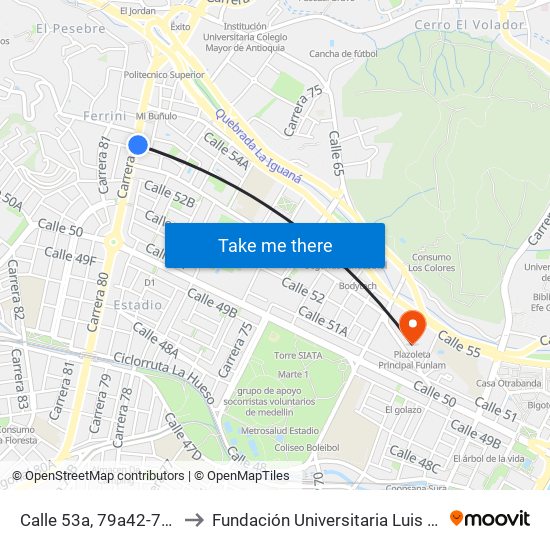 Calle 53a, 79a42-79a78 to Fundación Universitaria Luis Amigó map