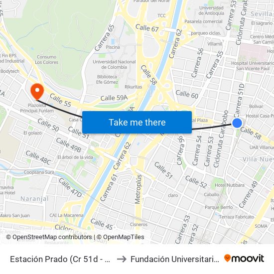 Estación Prado (Cr 51d - Cl 58, Medellín) to Fundación Universitaria Luis Amigó map
