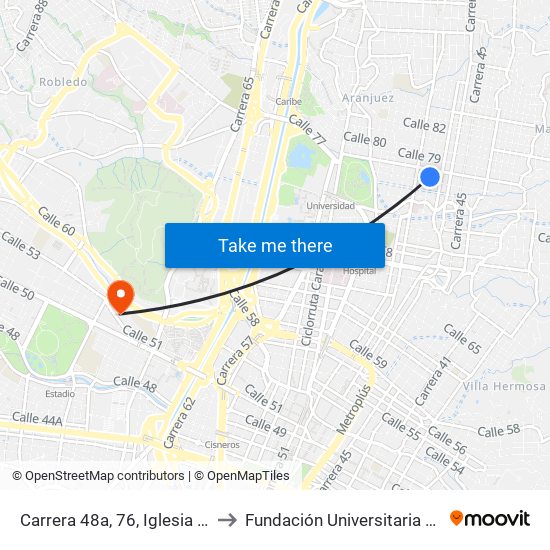 Carrera 48a, 76, Iglesia El Calvario to Fundación Universitaria Luis Amigó map
