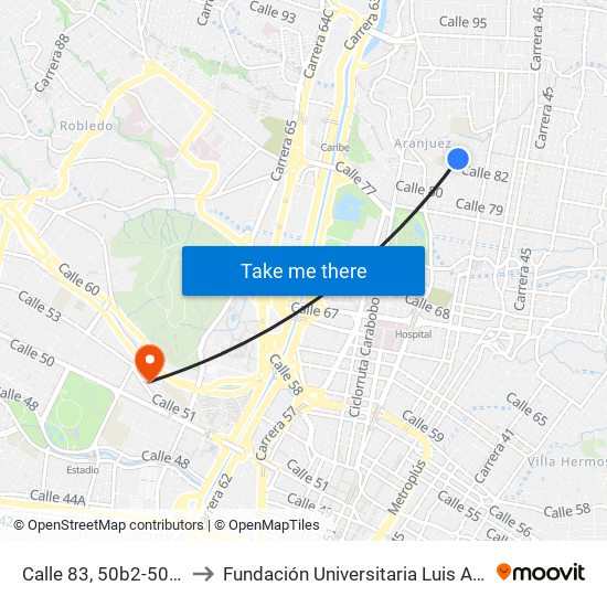 Calle 83, 50b2-50b70 to Fundación Universitaria Luis Amigó map