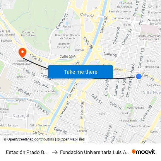 Estación Prado Buses to Fundación Universitaria Luis Amigó map