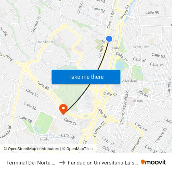 Terminal Del Norte Buses to Fundación Universitaria Luis Amigó map