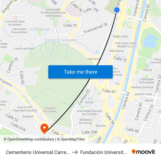 Cementerio Universal Carrera 65, 8079-80279 to Fundación Universitaria Luis Amigó map