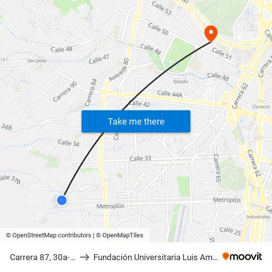 Carrera 87, 30a-10 to Fundación Universitaria Luis Amigó map