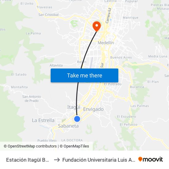 Estación Itagüí Buses to Fundación Universitaria Luis Amigó map