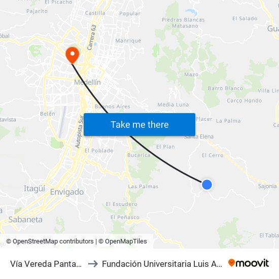 Vía Vereda Pantanillo to Fundación Universitaria Luis Amigó map