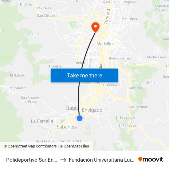 Polideportivo Sur Envigado to Fundación Universitaria Luis Amigó map
