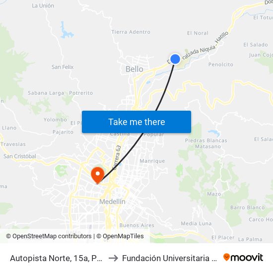 Autopista Norte, 15a, Peaje Niquía to Fundación Universitaria Luis Amigó map