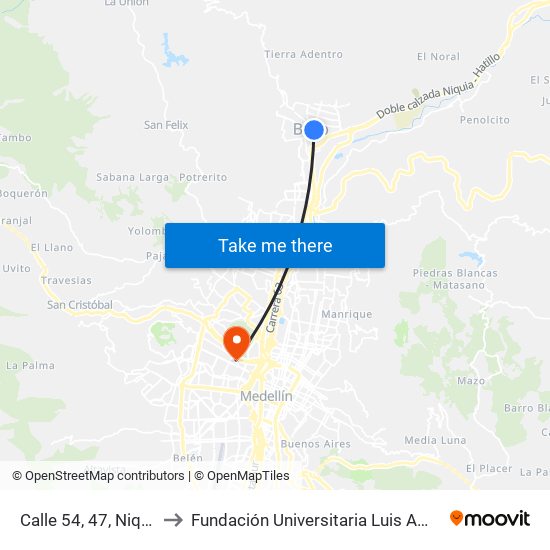 Calle 54, 47, Niquía to Fundación Universitaria Luis Amigó map